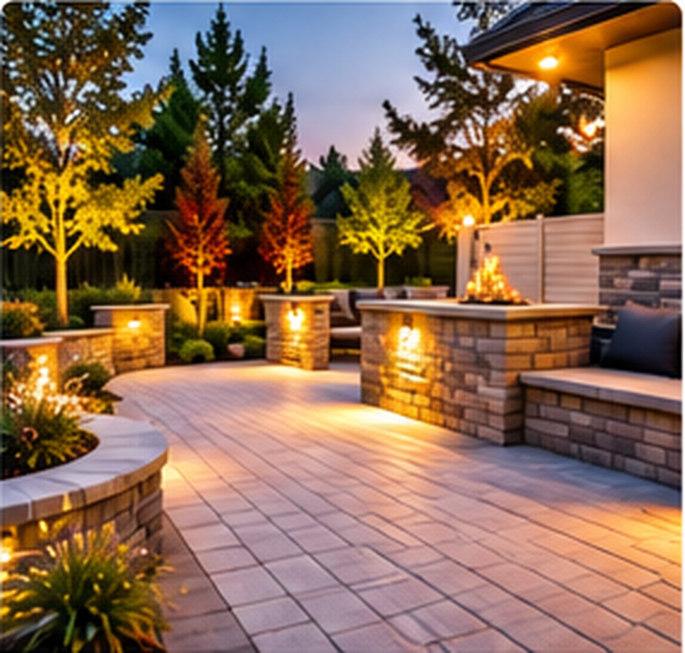 Hardscape patio and walkway with outdoor lighting