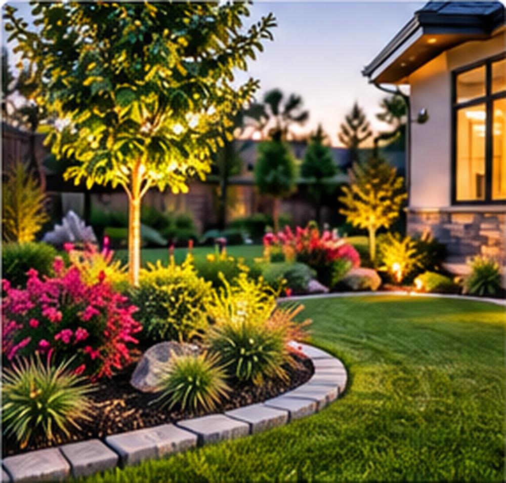 Professional landscape design with garden beds and lawn